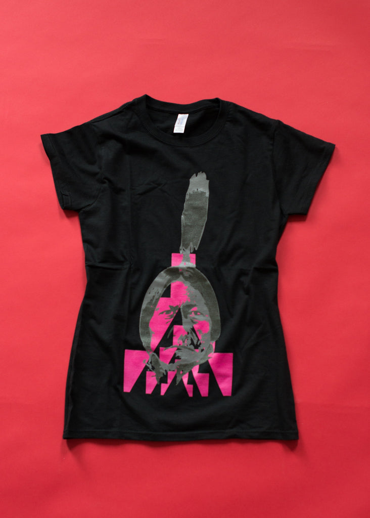 Women's t-shirt with fuchsia geometric design of a sitting bull on a black soft cotton t-shirt.
