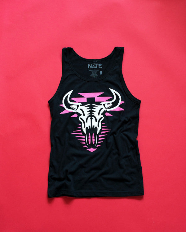 Unisex tanktop with screenprinted black and white design of a buffalo on magenta geometric pattern on a black cotton tank.