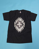 Black t-shirt depicting male chicken dancer in full chicken regalia, printed with white and metallic silver, colourfast water-based inks on a pre-washed soft cotton shirt. Unisex sizes S-2XL 