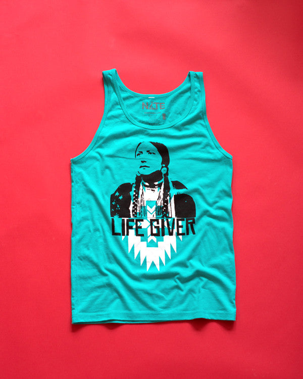 100% cotton teal tank with black and white archival photograph design of a strong native woman and the tagline: Life giver. Unisex sizes.