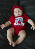 Baby onesie with Mini-Mocs & "Born to dance" tagline. Colourfast, water-based inks, printed on premium American Apparel, pre-washed 100% soft cotton. colour - red. Sizes: 6-12 months,12-18 months,18-24 months