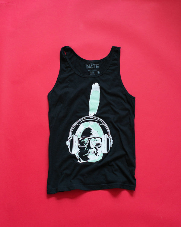 Mint and white design of a sitting bull wearing headphones and specs on a black soft cotton tanktop.