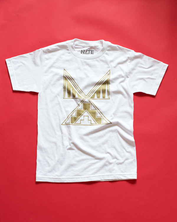 Tipi design in metallic gold ink screen-printed on a white 100% cotton t-shirt. 